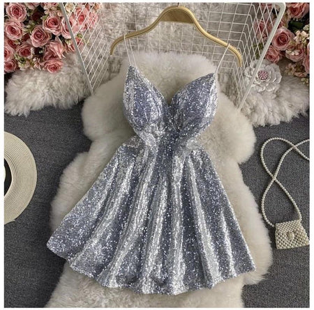 Serena Sequined Skater Dress - styled flat-lay shot, silver - Miss Mosa By Akanksha