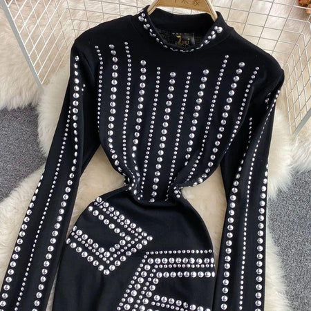 Sereya Riveted Luxe Dress In Black - close-up of studded bodice, black - Miss Mosa By Akanksha