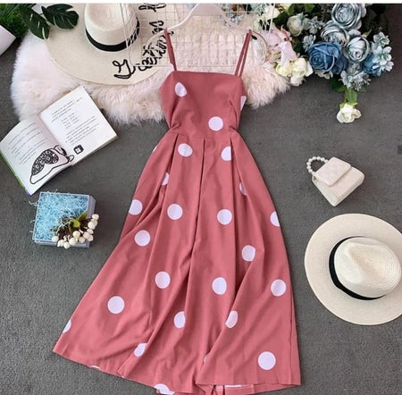 Sesta Polka Midi Dress - styled flat-lay shot, pink - Miss Mosa By Akanksha