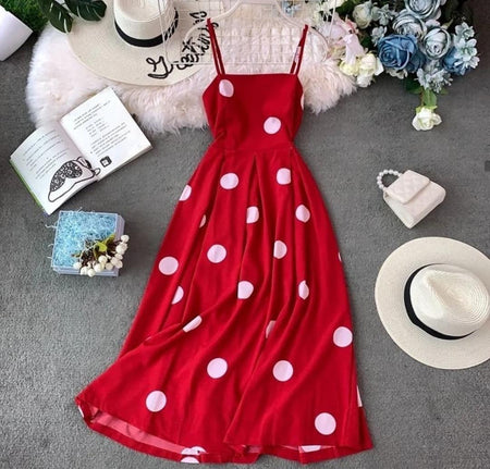 Sesta Polka Midi Dress - styled flat-lay shot, red - Miss Mosa By Akanksha