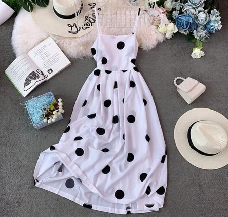 Sesta Polka Midi Dress - styled flat-lay shot, white - Miss Mosa By Akanksha
