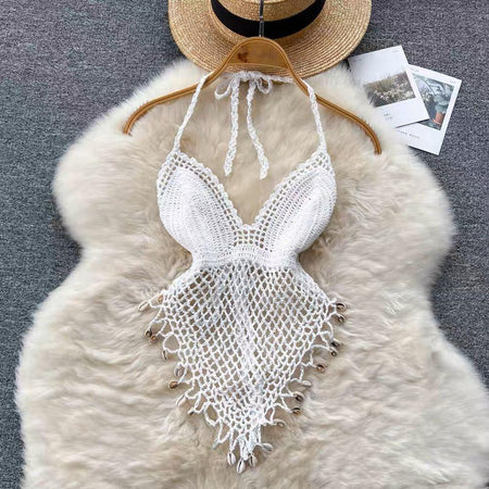 Sevilla Crochet Halterneck Top - front shot on hanger, white - Miss Mosa By Akanksha