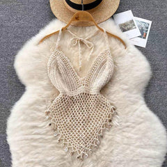 Sevilla Crochet Halterneck Top - front shot on hanger, beige - Miss Mosa By Akanksha