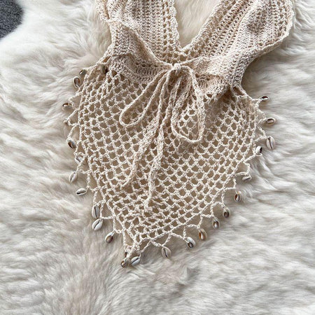 Sevilla Crochet Halterneck Top - close-up of shell trim, beige - Miss Mosa By Akanksha