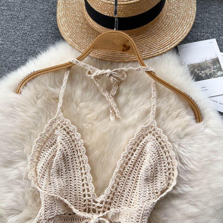 Sevilla Crochet Halterneck Top - front shot on hanger, beige - Miss Mosa By Akanksha