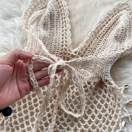 Sevilla Crochet Halterneck Top - close-up of tie back, beige - Miss Mosa By Akanksha