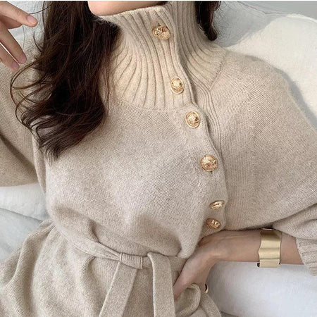 Sikura Winter Dress - close-up of neckline, beige - Miss Mosa By Akanksha