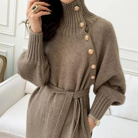 Sikura Winter Dress - close-up of neckline, brown - Miss Mosa By Akanksha