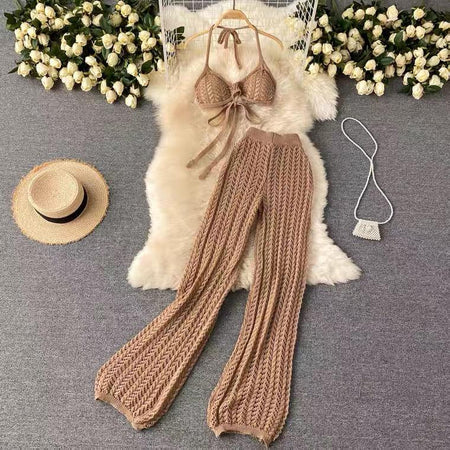 Silvia Crochet Coord Set - styled flat-lay shot, brown - Miss Mosa By Akanksha