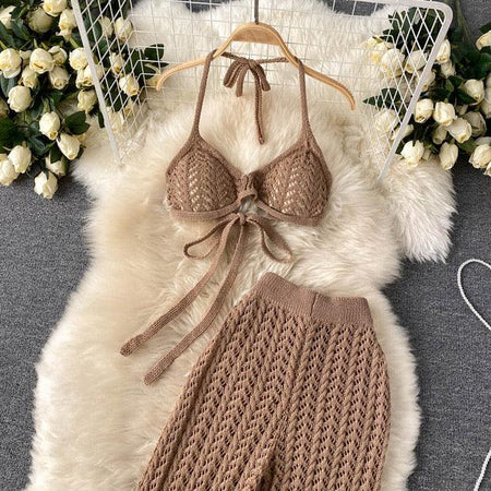 Silvia Crochet Coord Set - styled flat-lay shot, brown - Miss Mosa By Akanksha