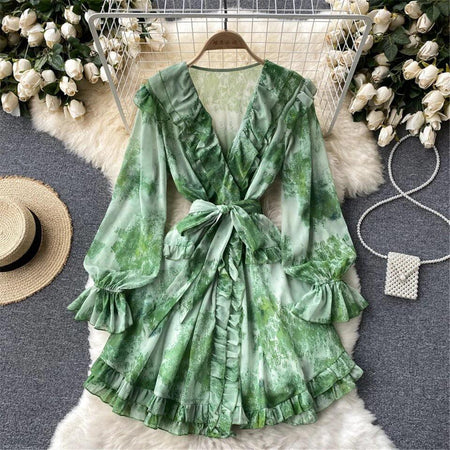 Silvia Tropical Dress - front shot on hanger, green - Miss Mosa By Akanksha