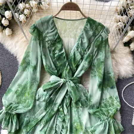 Silvia Tropical Dress - front shot on hanger, green - Miss Mosa By Akanksha