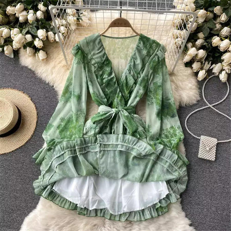 Silvia Tropical Dress - back shot on hanger, green - Miss Mosa By Akanksha