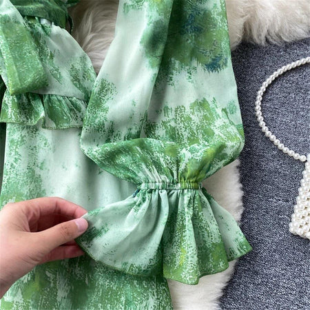 Silvia Tropical Dress - close-up of waist tie, green - Miss Mosa By Akanksha