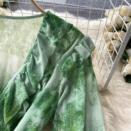 Silvia Tropical Dress - close-up of ruffle sleeve, green - Miss Mosa By Akanksha
