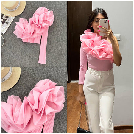Skyla One Shoulder Top - front shot on model, pink - Miss Mosa By Akanksha