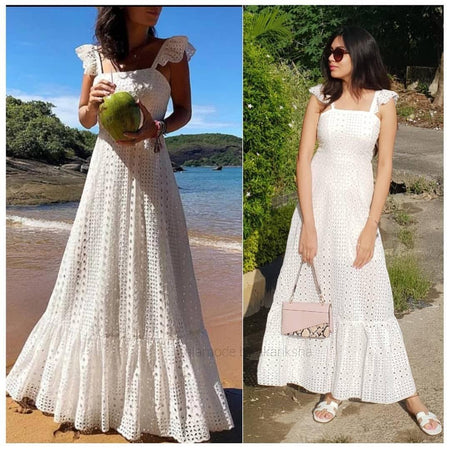 Snoweila Eyelet Maxi Dress In White - lifestyle shot on model, white - Miss Mosa By Akanksha