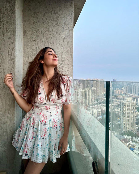 Sophie Statement Dress In White - lifestyle shot on model, white - Miss Mosa By Akanksha