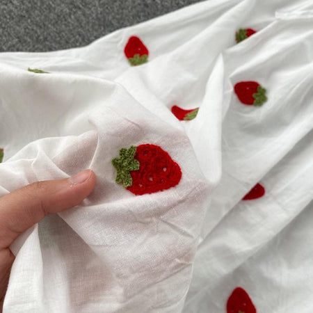Staple Midi Dress - close-up of strawberry embroidery, white - Miss Mosa By Akanksha