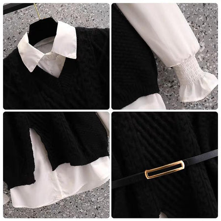 Stella Two Piece Knit Set - close-up of collar and belt, black - Miss Mosa By Akanksha