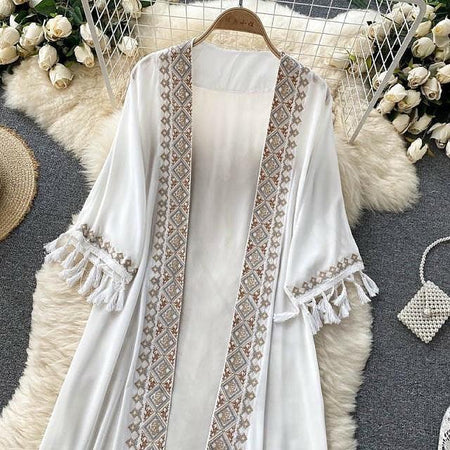 Sula Tasseled Cape - styled flat-lay shot, white - Miss Mosa By Akanksha