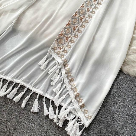 Sula Tasseled Cape - close-up of tassel hem, white - Miss Mosa By Akanksha