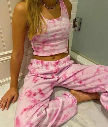 Susan Tie and Dye Tracksuit - front shot on model, pink - Miss Mosa By Akanksha
