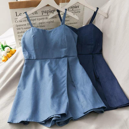 Suzie Denim Romper - front shot on hanger, blue - Miss Mosa By Akanksha