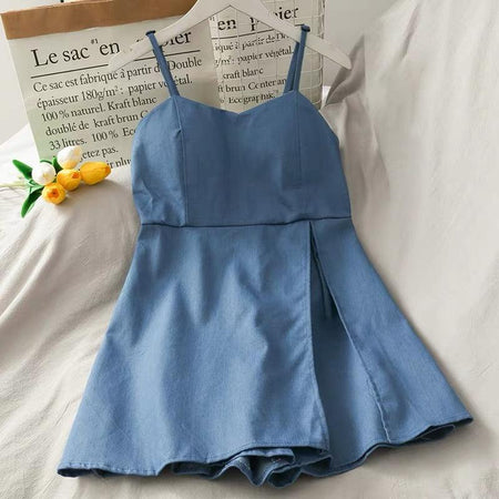 Suzie Denim Romper - front shot on hanger, blue - Miss Mosa By Akanksha