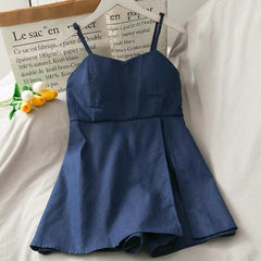 Suzie Denim Romper - front shot on hanger, navy - Miss Mosa By Akanksha