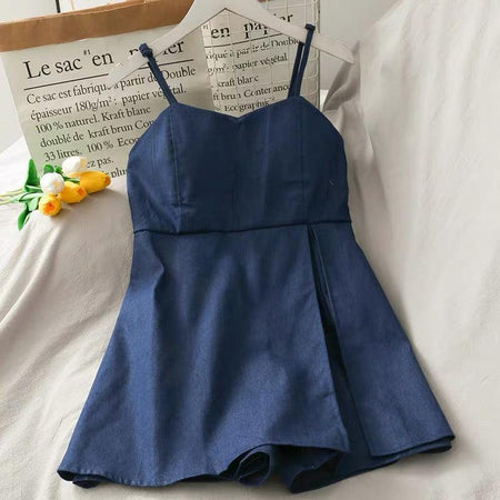 Suzie Denim Romper - front shot on hanger, navy - Miss Mosa By Akanksha