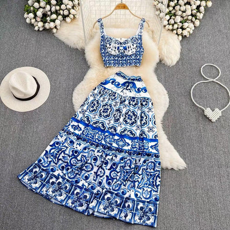 Suzie Porcelain Print Luxury Coord Set In Blue - styled flat-lay shot, blue - Miss Mosa By Akanksha