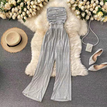 Taffy Offshoulder Jumpsuit - full-length flat-lay shot, grey - Miss Mosa By Akanksha