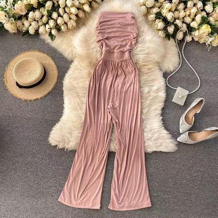Taffy Offshoulder Jumpsuit - full-length flat-lay shot, pink - Miss Mosa By Akanksha