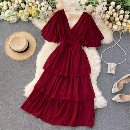 Taurel Flutter Sleeve Dress - front shot on hanger, red - Miss Mosa By Akanksha