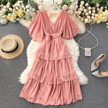 Taurel Flutter Sleeve Dress - front shot on hanger, pink - Miss Mosa By Akanksha