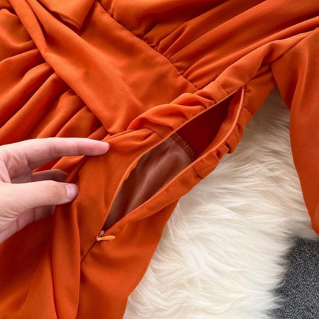 Taurel Flutter Sleeve Dress - close-up of zip, orange - Miss Mosa By Akanksha