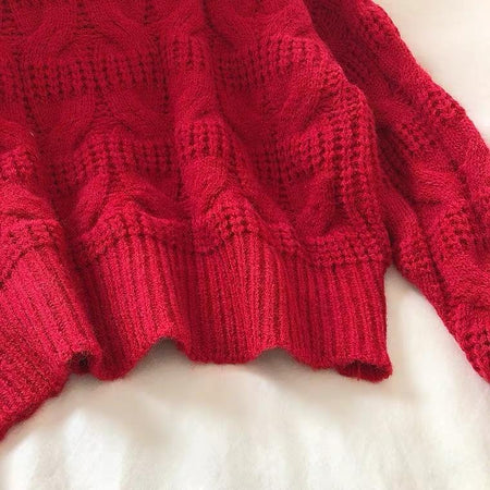 Tebby Choker Sweaters - close-up of cable knit hem, red - Miss Mosa By Akanksha