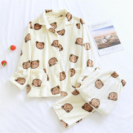 Teddy Fleece Nightsuits - flat-lay product shot, cream - Miss Mosa By Akanksha
