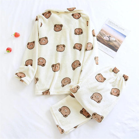 Teddy Fleece Nightsuits - flat-lay product shot, cream - Miss Mosa By Akanksha