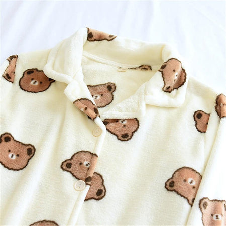 Teddy Fleece Nightsuits - close-up of button placket, cream - Miss Mosa By Akanksha