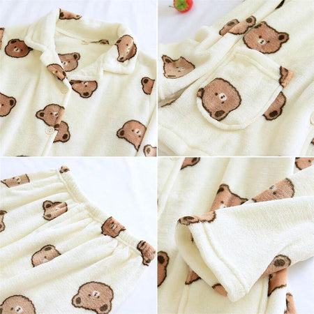 Teddy Fleece Nightsuits - close-up of chest pocket, cream - Miss Mosa By Akanksha