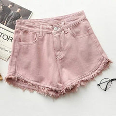 Telly Denim Shorts - flat-lay product shot, pink - Miss Mosa By Akanksha