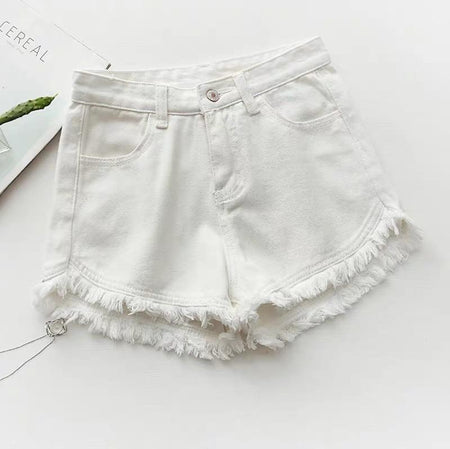 Telly Denim Shorts - flat-lay product shot, white - Miss Mosa By Akanksha