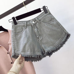 Telly Denim Shorts - front shot on hanger, grey - Miss Mosa By Akanksha