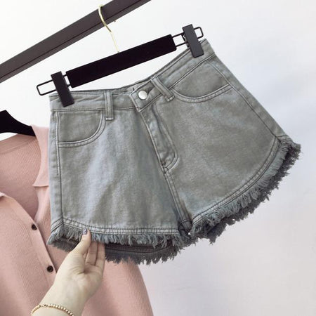 Telly Denim Shorts - front shot on hanger, grey - Miss Mosa By Akanksha
