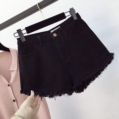 Telly Denim Shorts - front shot on hanger, black - Miss Mosa By Akanksha