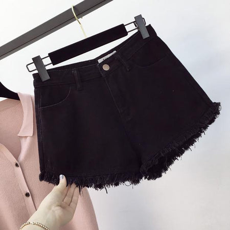 Telly Denim Shorts - front shot on hanger, black - Miss Mosa By Akanksha