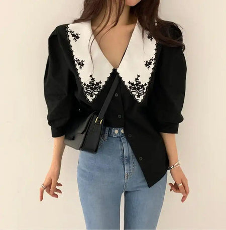 Tempa Vintage Blouse - front shot on model, black - Miss Mosa By Akanksha