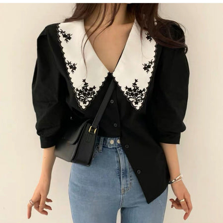Tempa Vintage Blouse - front shot on model, black - Miss Mosa By Akanksha